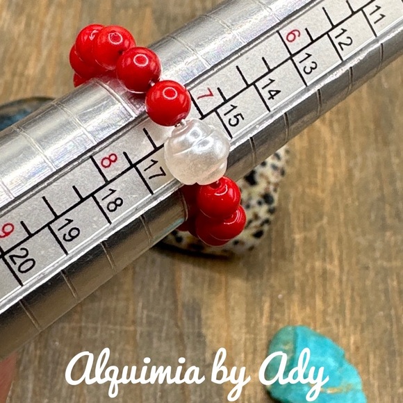 Pearl coral bohemian ring beaded handmade - Picture 3 of 3